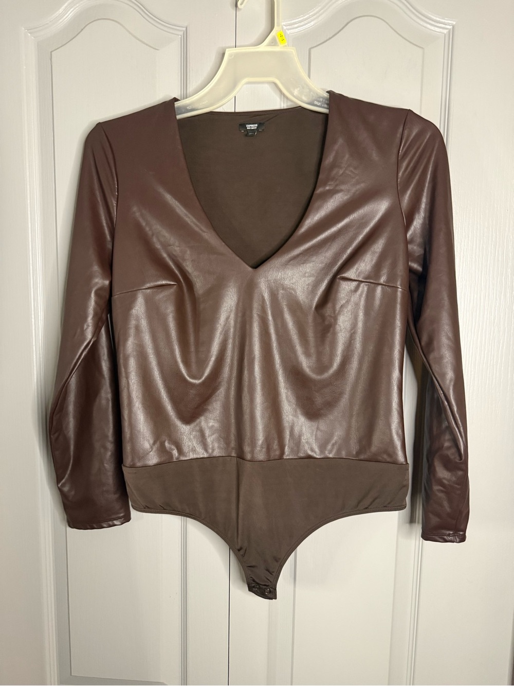 Express Body Contour Faux Leather Bodysuit in Brown